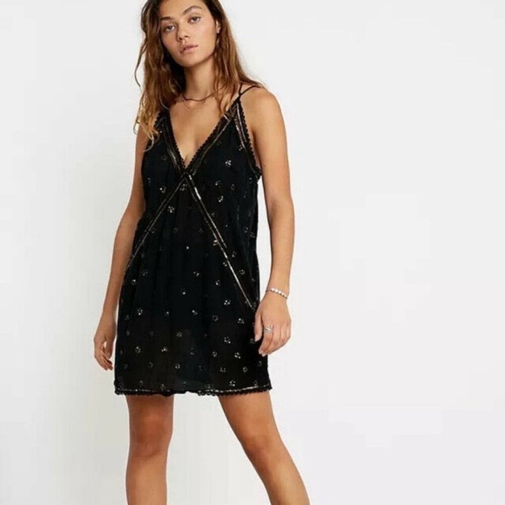 Free‎ People Chloe Embroidered Slip Mini Dress in Black Size XS